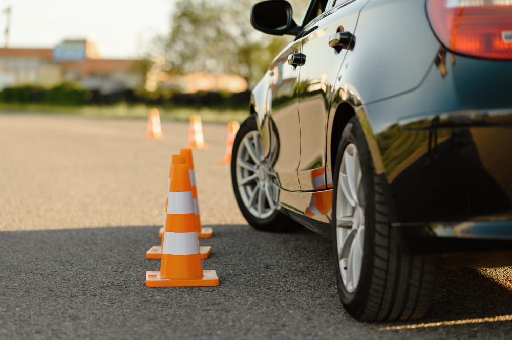 car-orange-traffic-cones-lesson-driving-school-concept